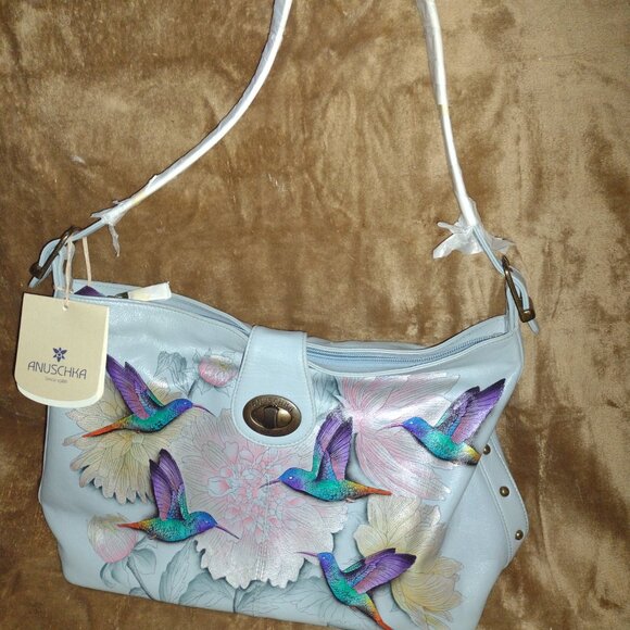 Anuschka Blue Leather Painted Hummingbird Shoulder Bag - Picture 2 of 7